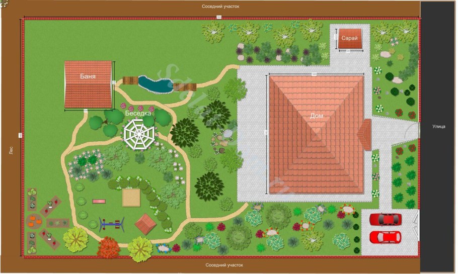 Планировка участка 10 соток 25х40 с домом и баней