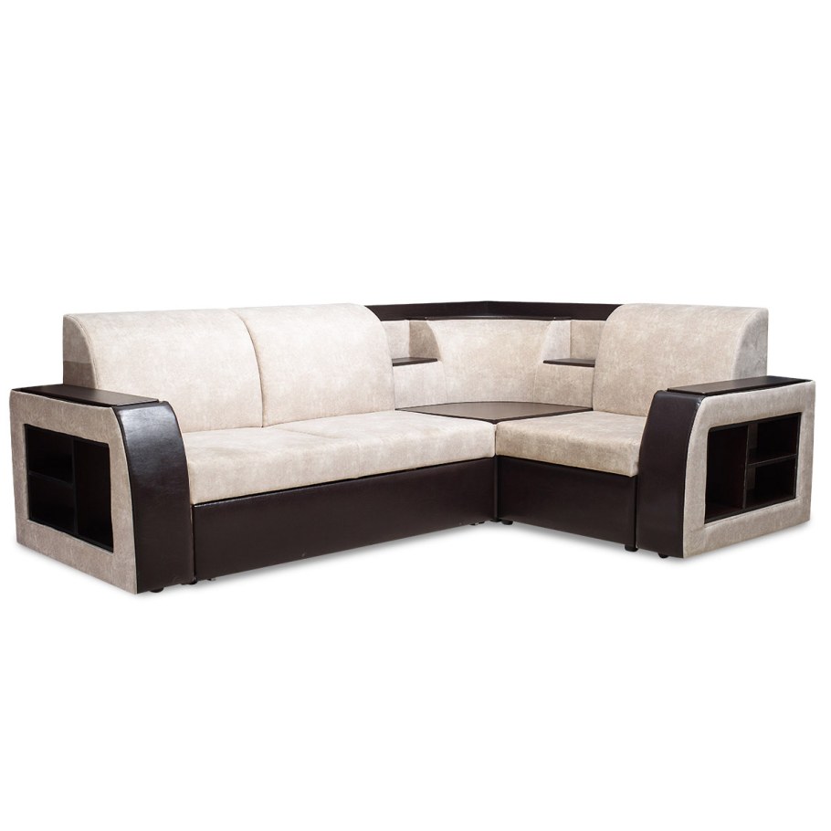 Угловой диван с полками в подлокотнике