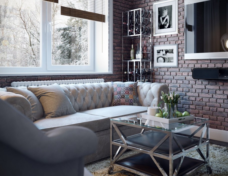 Широкий подоконник в интерьере лофт