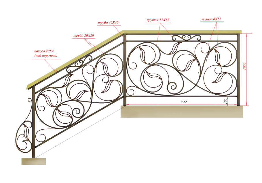 Чертеж с размерами кованных лестничных перил