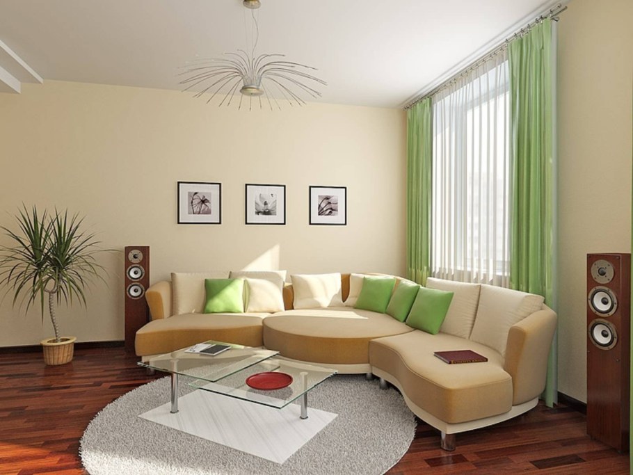 Комната с зеленым диваном с бежевых тонах