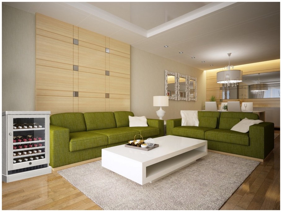 Гостиная с зелеными шторами