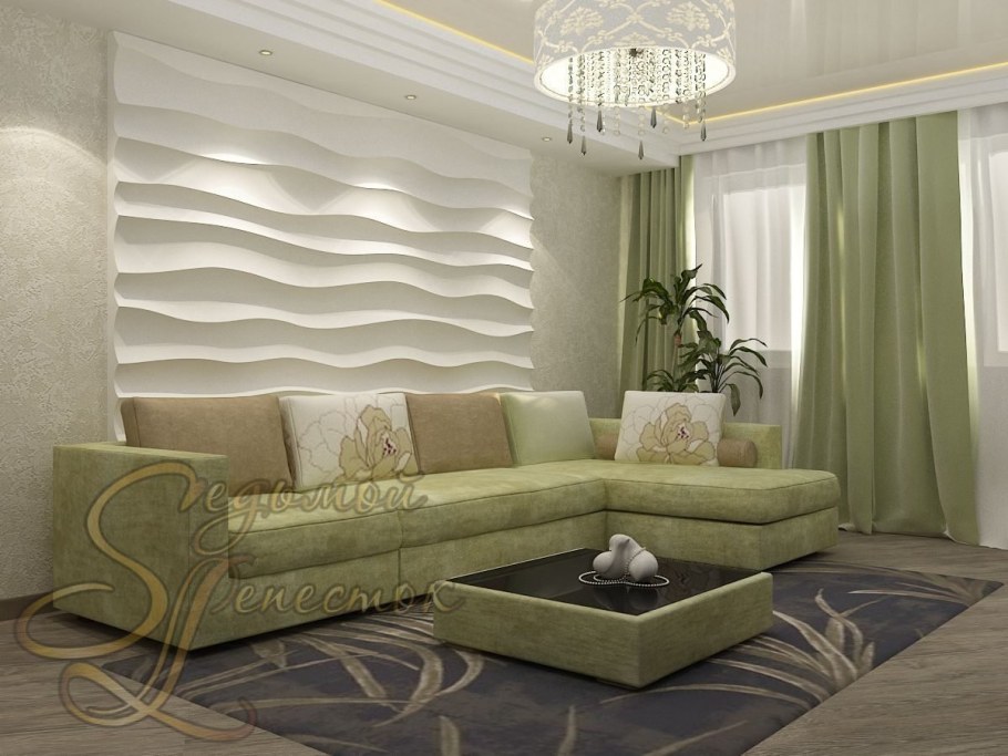 Гостиная с зелеными шторами