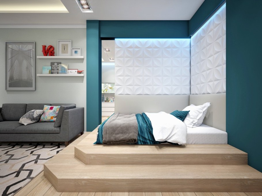 Интерьер спальни с подиумом