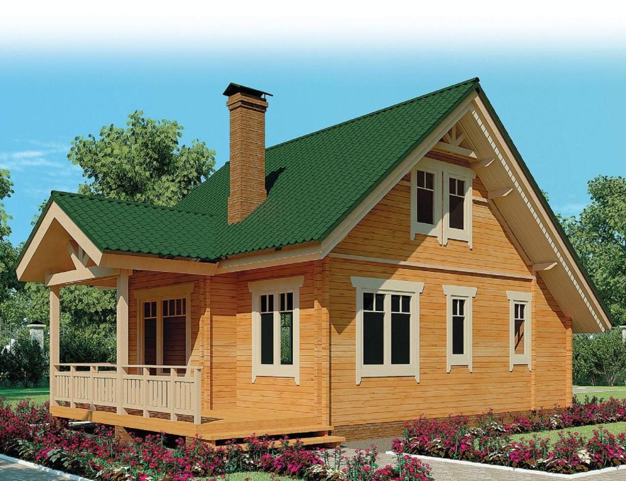 Деревянный дом с зеленой крышей