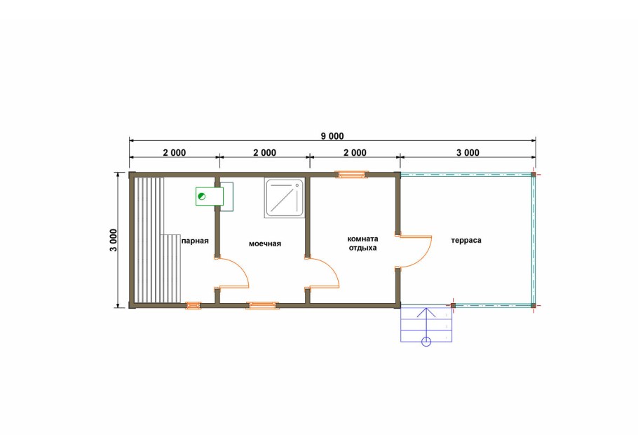 Мобильная баня (6х2 м / 6х2,4 м / 6х3 м) с крыльцом