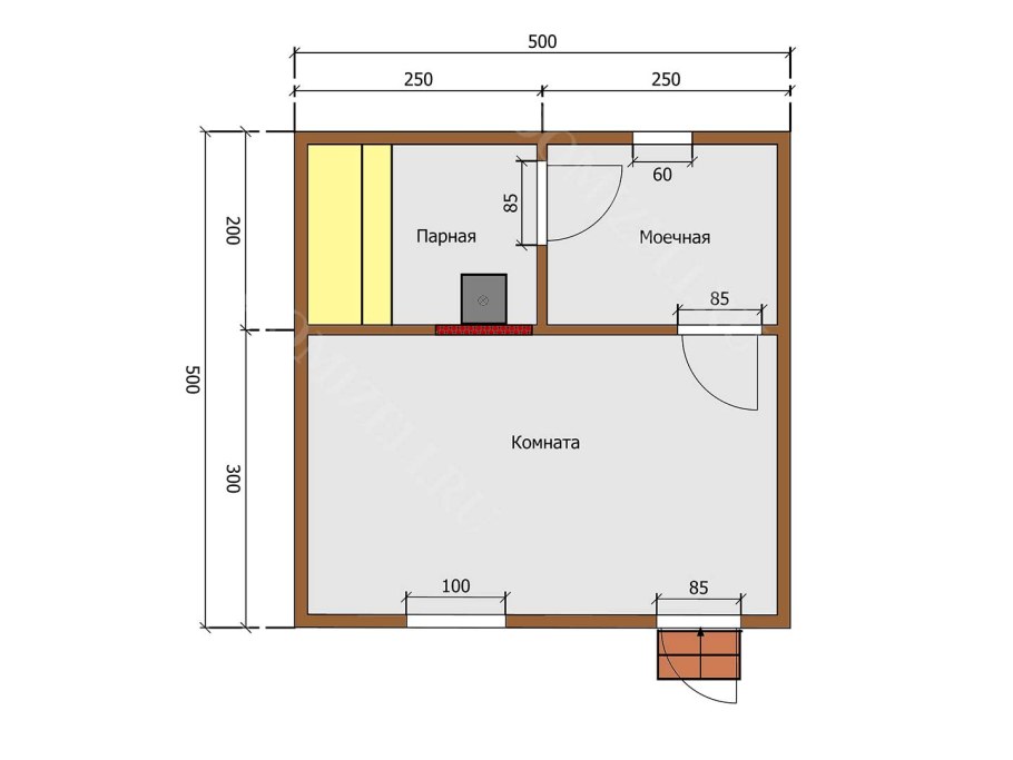 Баня 4 на 5 с помывочной и верандой из бруса