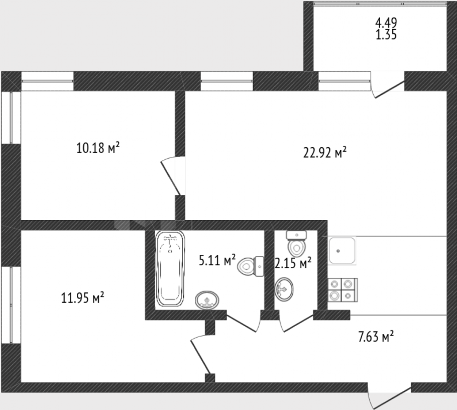 Планировка 2-х комнатной квартиры 63 кв