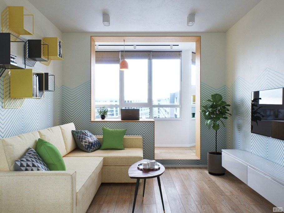 Интерьер студии 28кв с балконом