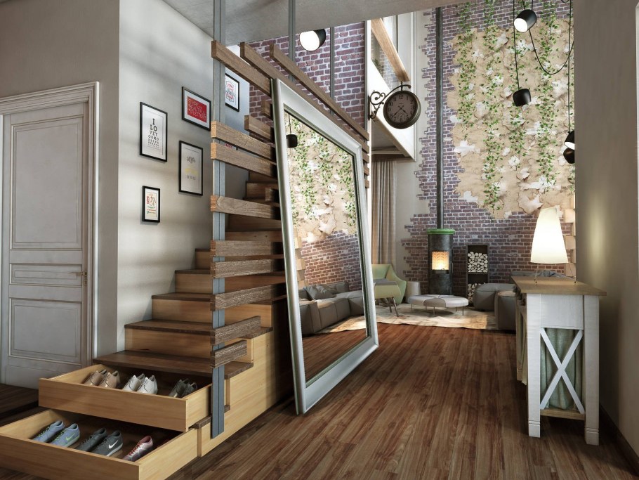 Прихожая с лестницей в стиле лофт