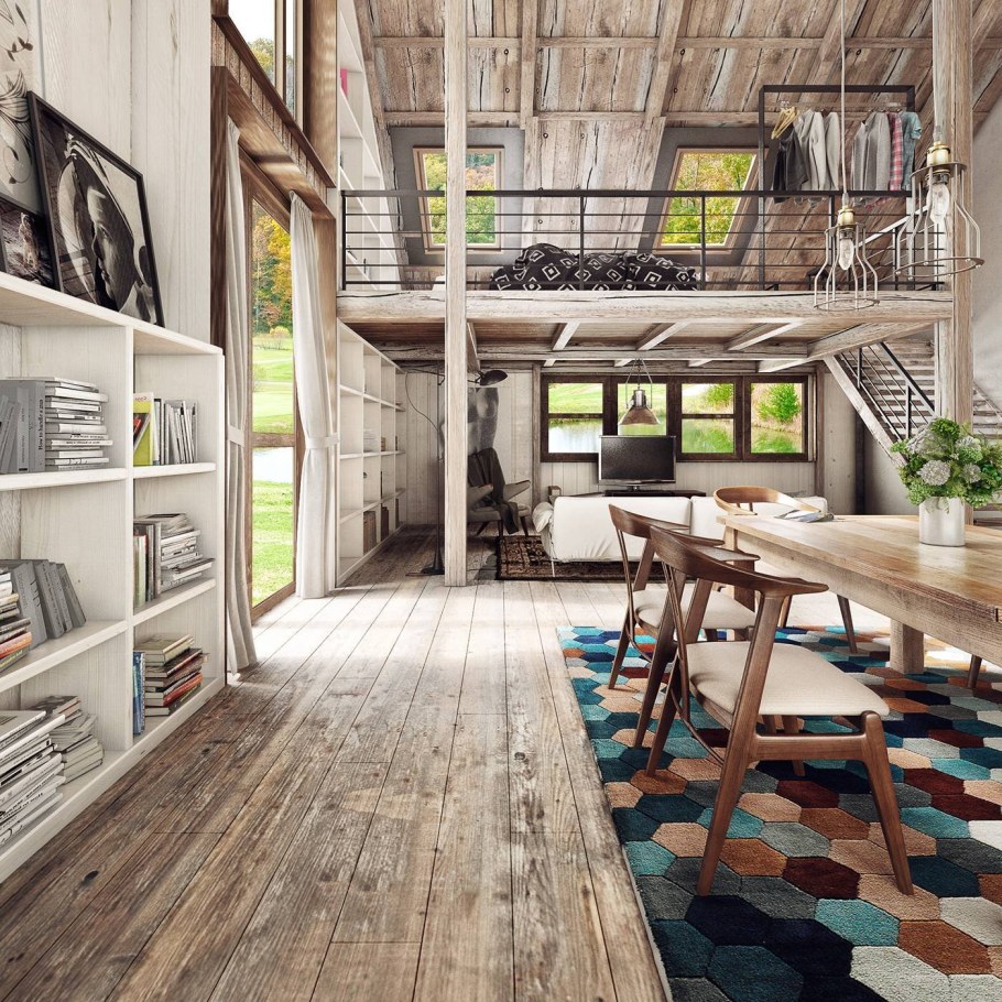 Интерьер лофт в деревянном доме