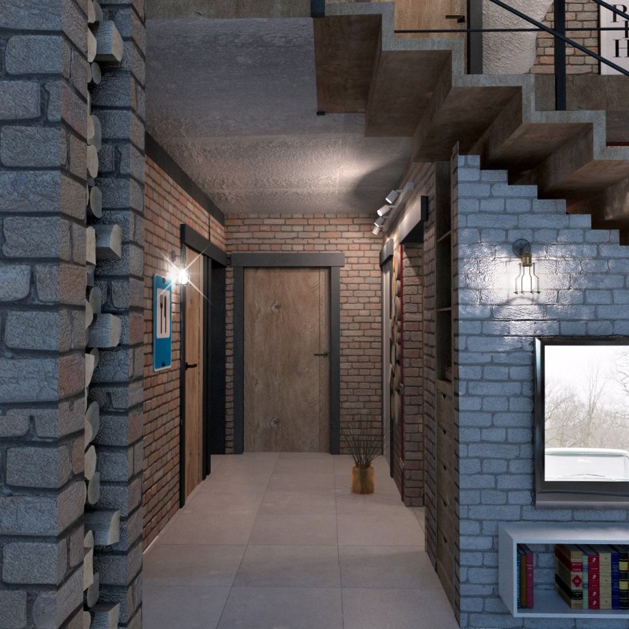 Стены в прихожей с лестницей в стиле лофт