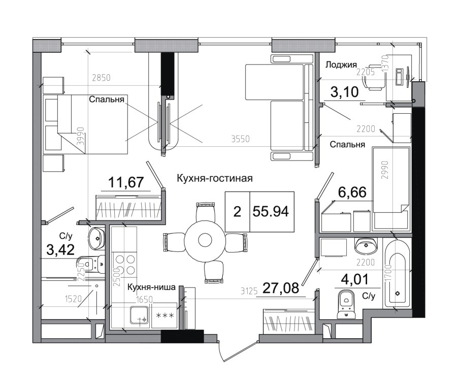 Планировка двухкомнатных квартир