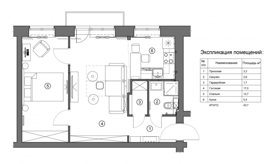 Перепланировка двухкомнатной квартиры 44 кв.м