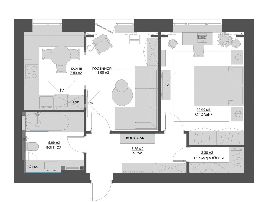 Планировкагостинная 60м2