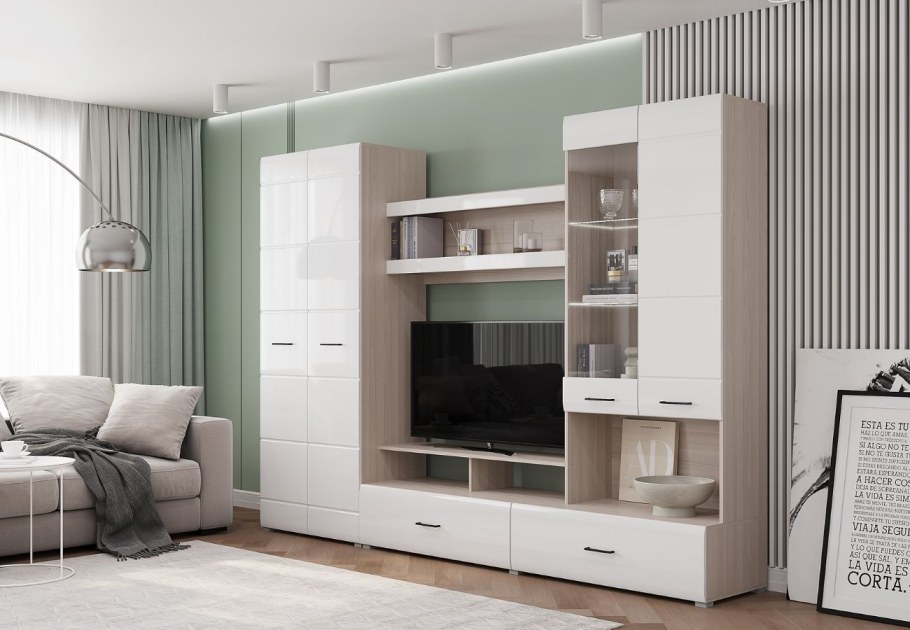 Стенка модульная ненси5 Вега со шкафом МДФ глянец. Римини