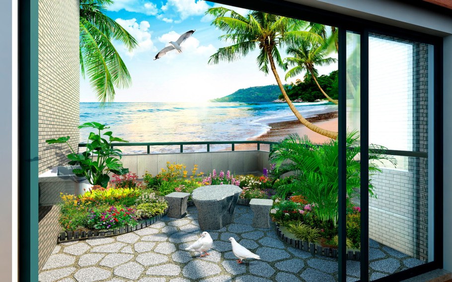 Фотообои балкон с видом в сад