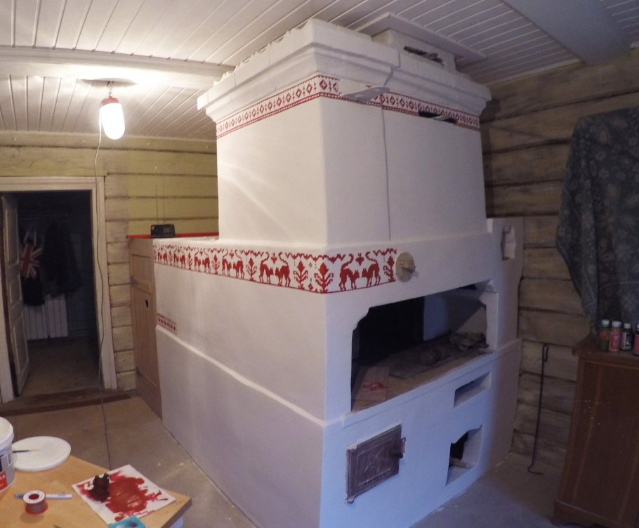 Кухня с камином в деревенском стиле