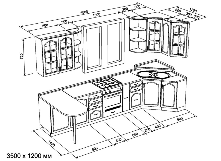 Проект угловой кухни с антресолями