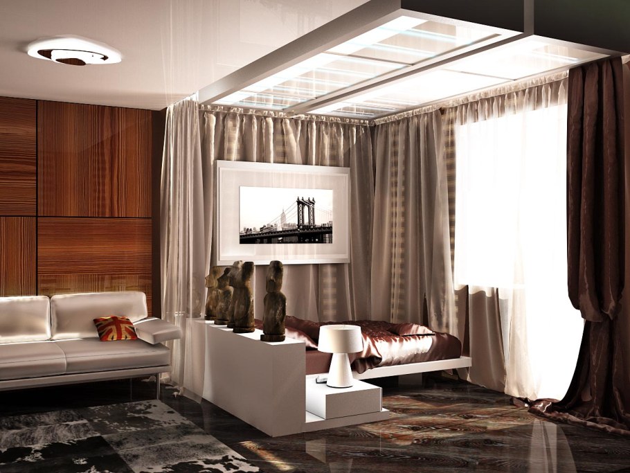 Зонирование гостиной шторами