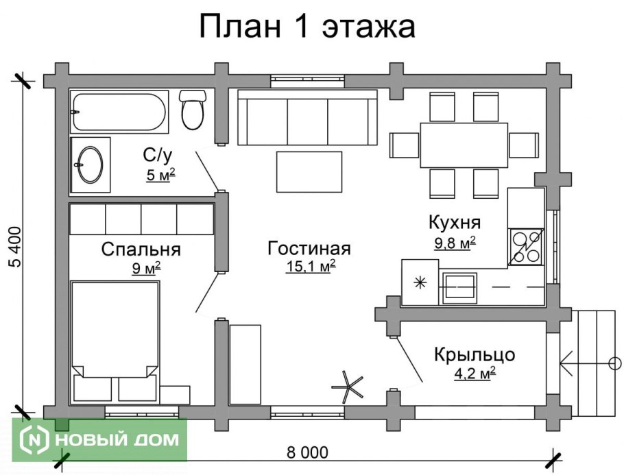 Проект однокомнатного дома с печкой