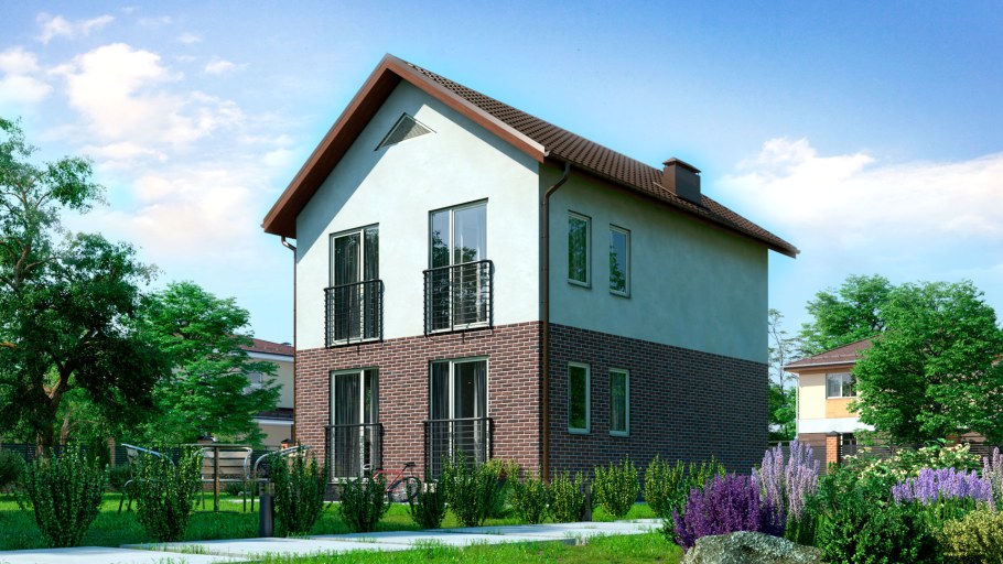 Двухэтажный дом из белого кирпича