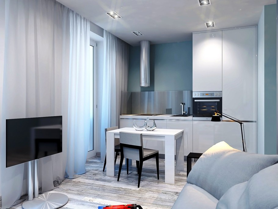 Кухня студия в серых тонах