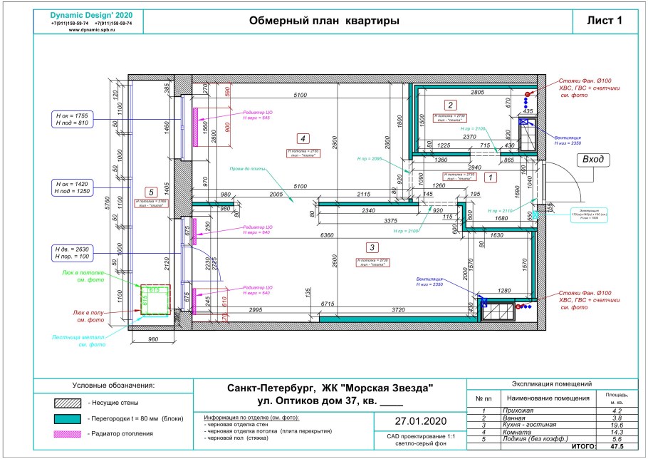 Обмерный план двухкомнатной хрущевки