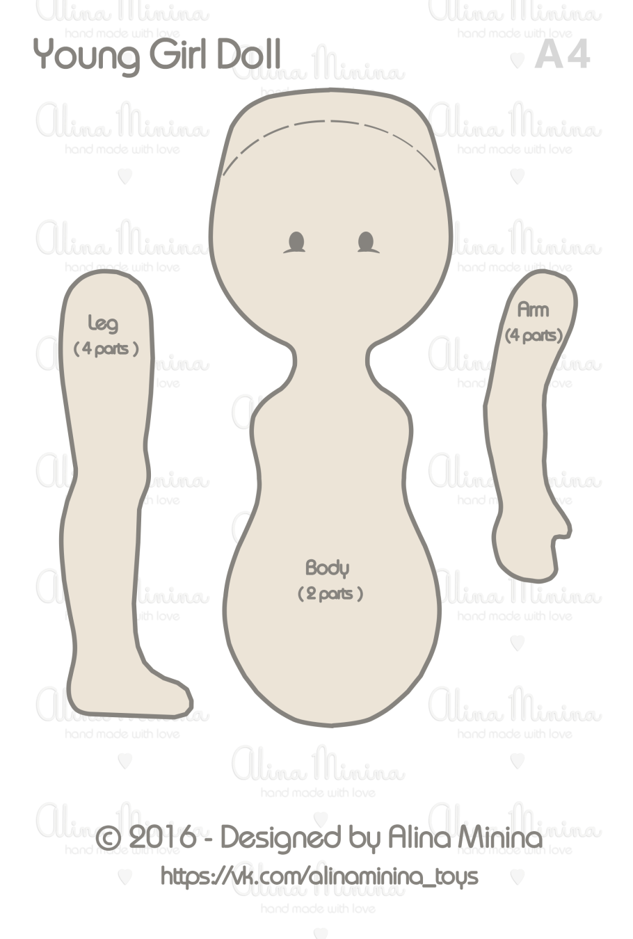 Выкройка текстильной куклы в натуральную величину