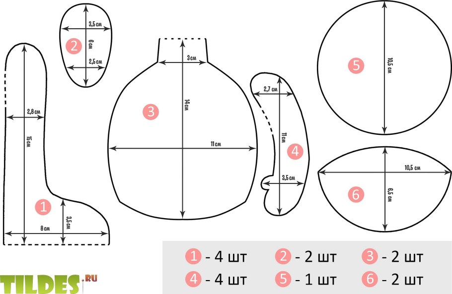 Выкройка текстильной куклы большеножки в натуральную величину