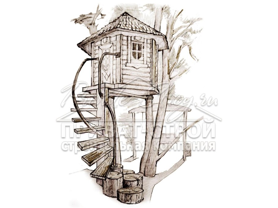 Домик на дереве из брусков стильная иллюстрация