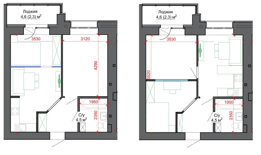 План двухкомнатной квартиры с большой кухней