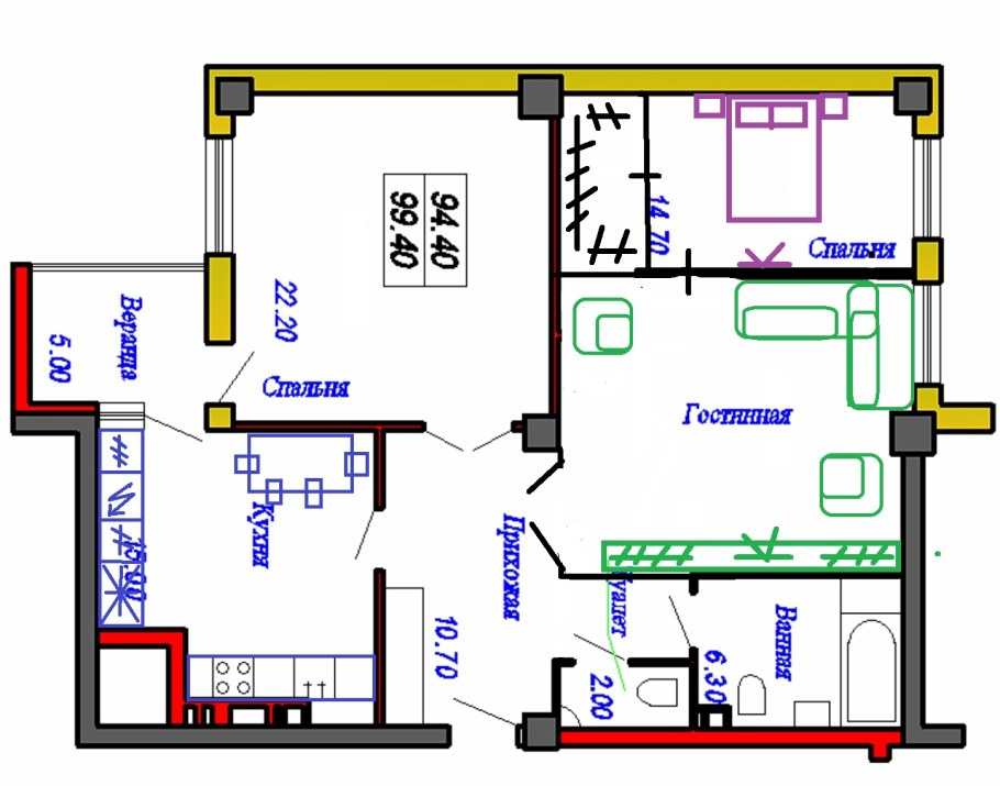 Перепланировка трехкомнатной хрущевки 56 м.кв
