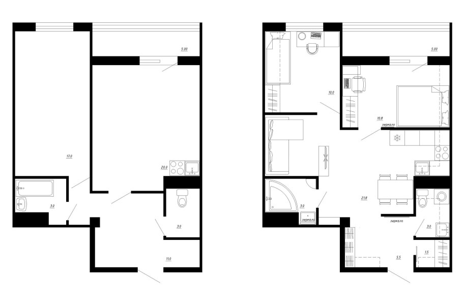 Перепланировка однокомнатной квартиры в двухкомнатную 48 кв.м
