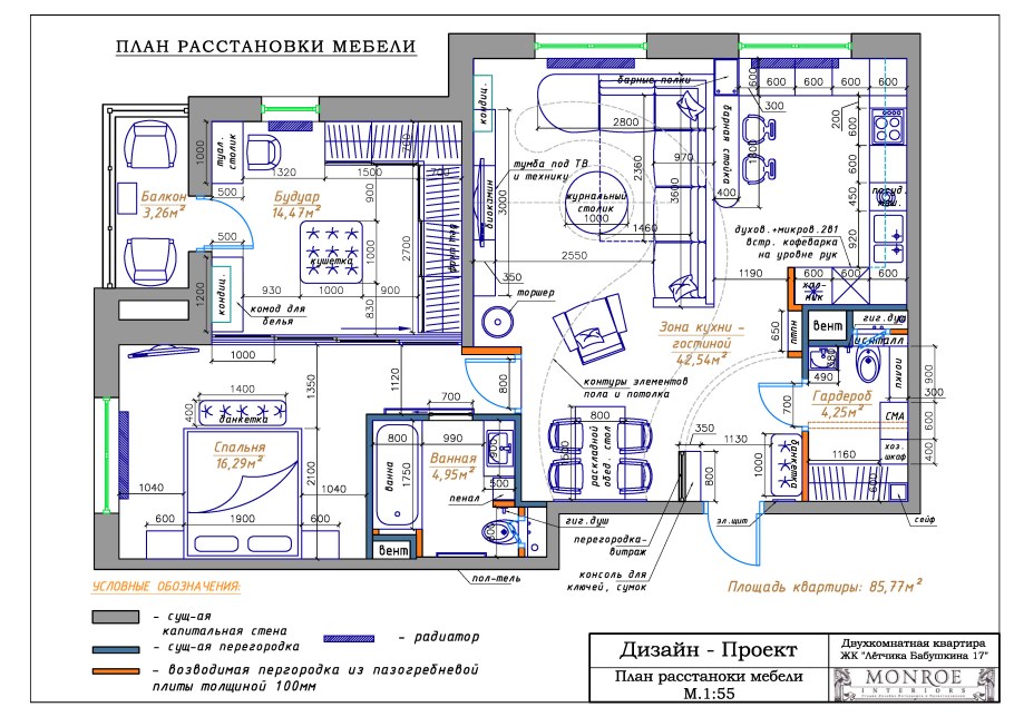 План расстановки мебели кухня чертеж