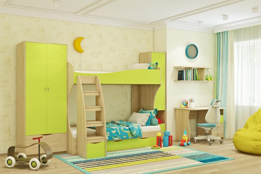 Кровать «Пионер» 2-ярусная (дуб сонома/лайм)