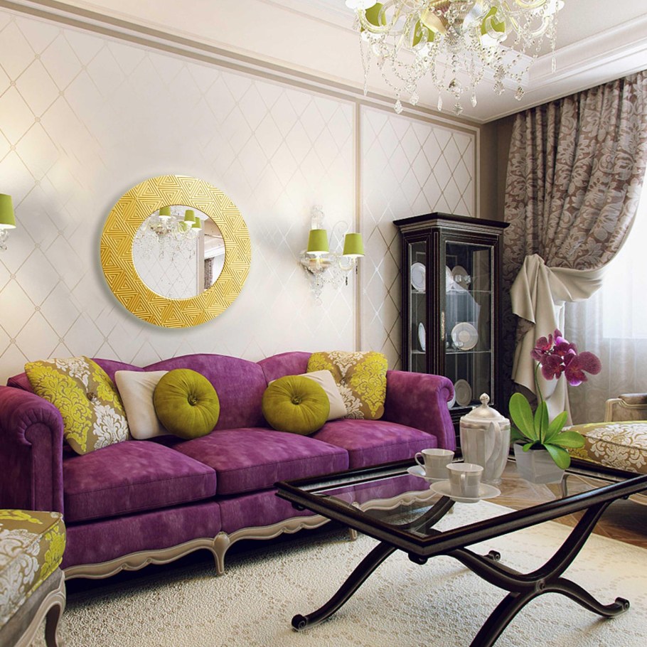 Круглое зеркало над кроватью