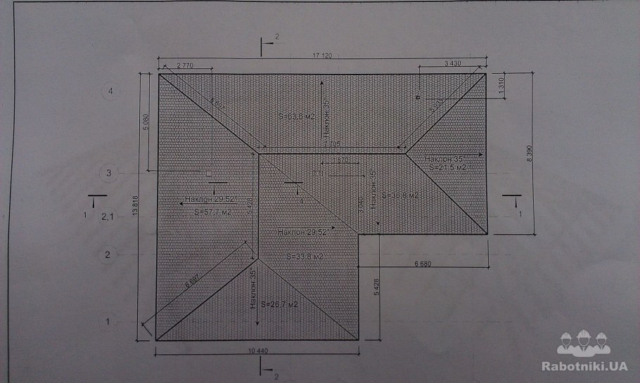 План кровли четырехскатной крыши чертеж