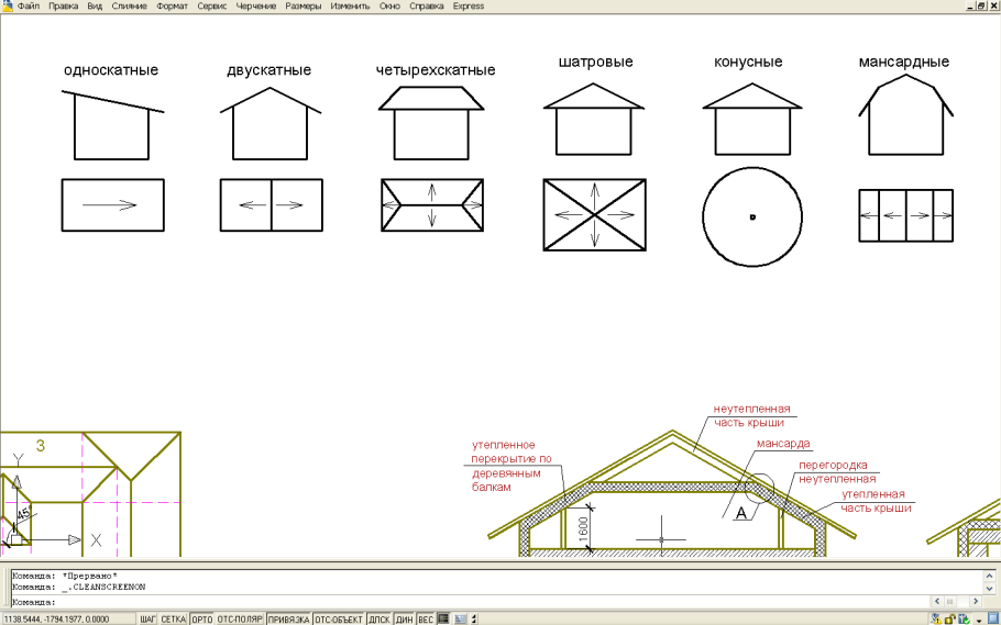 Построить 4 вида сбоку скатной кровли