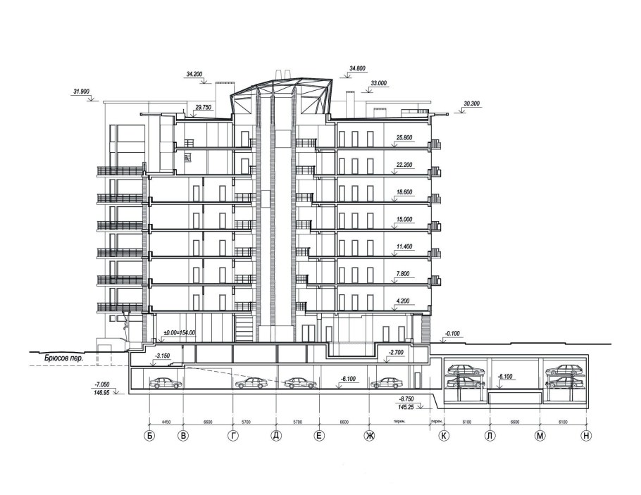 Разрез многоэтажного дома с подземной парковкой
