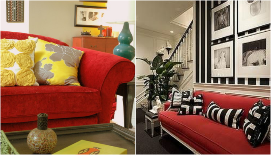 Красный диван в сером интерьере
