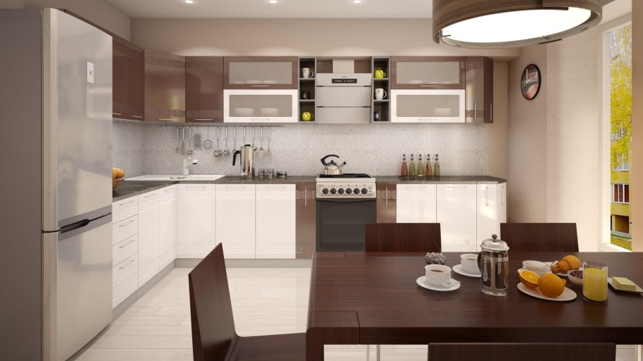 Кухонный гарнитур шоколадного с бежевым цвета