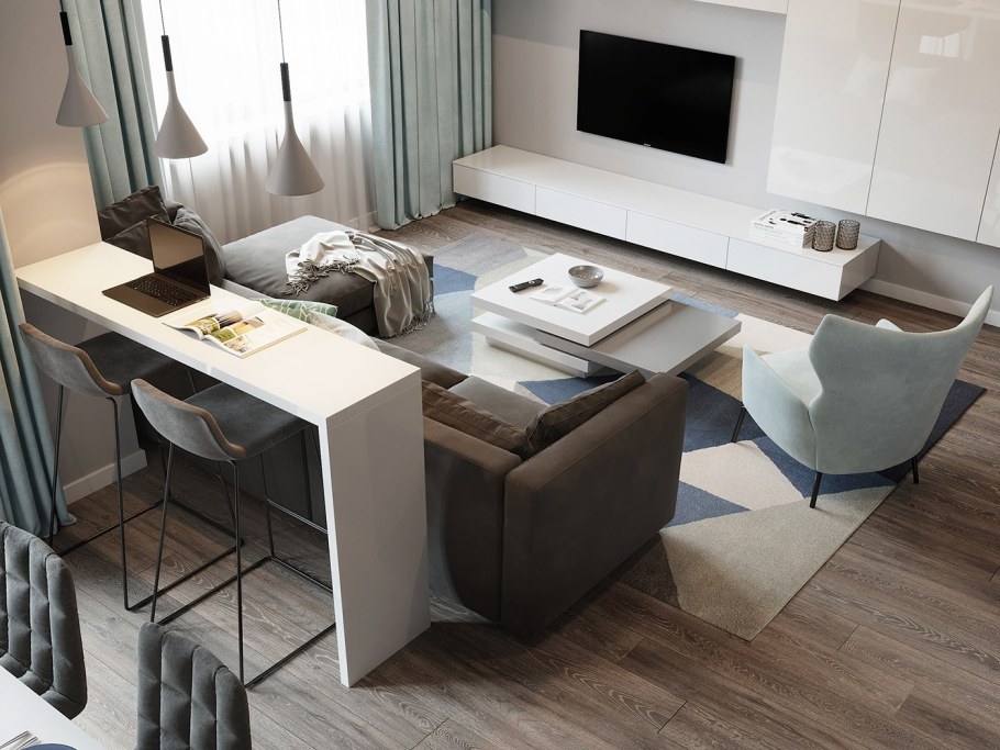 Барная стойка за диваном в гостиной