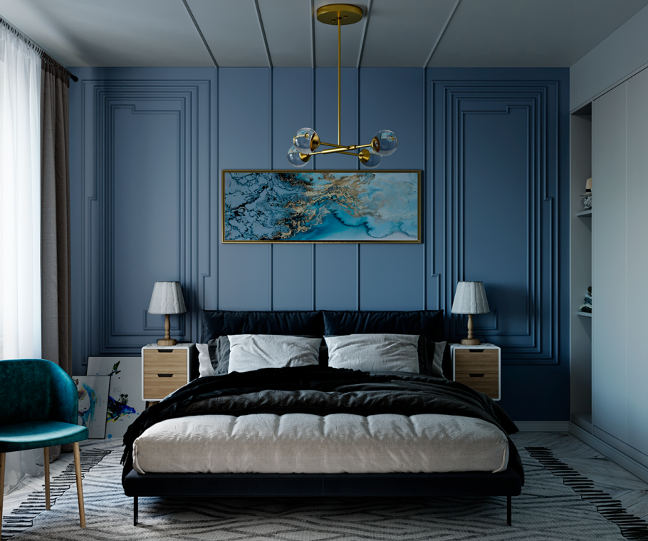 Синяя современная спальня