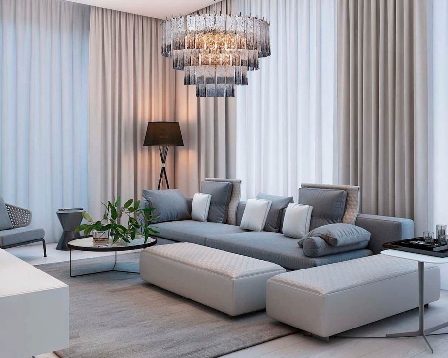 Белые шторы в интерьере гостиной