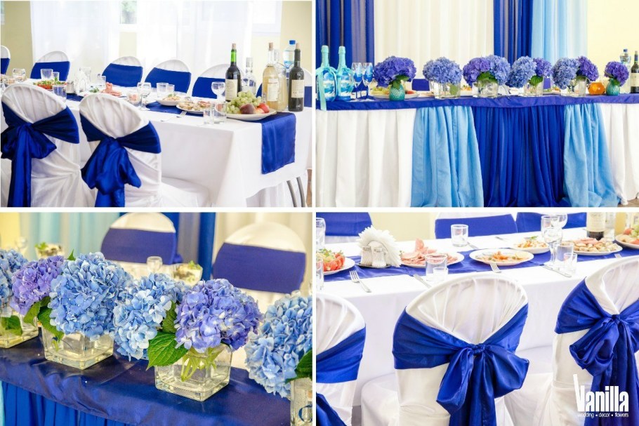 Украшение зала на свадьбу в синем цвете