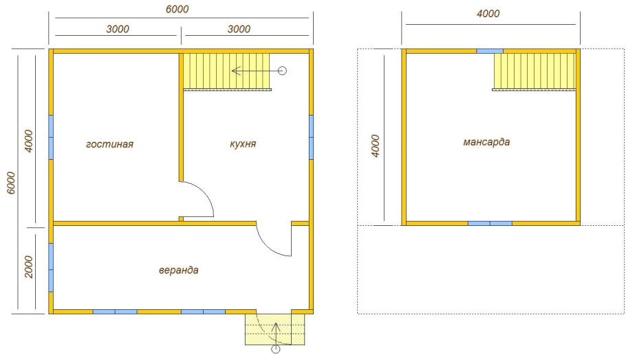 Планировка домика 6х6 с террасой