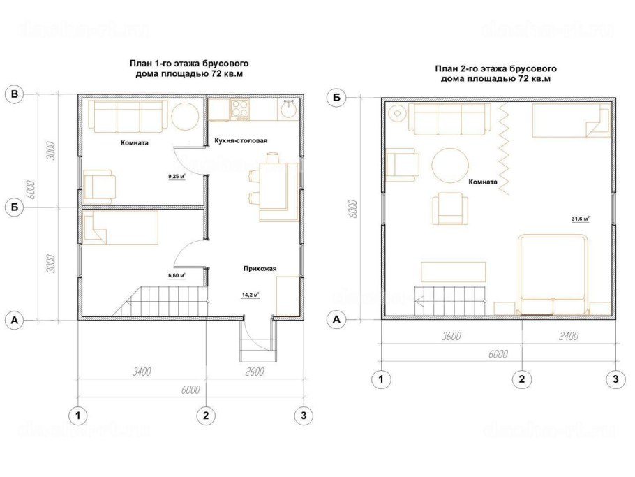 Планировка брусового дома 6 на 6 двухэтажный