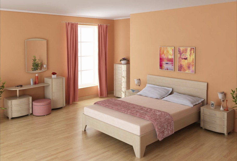 Персиковые стены в спальне