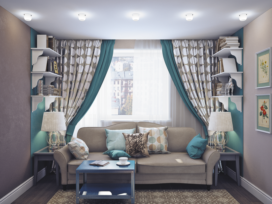 Интерьер прямоугольной гостинной 14 кв.м